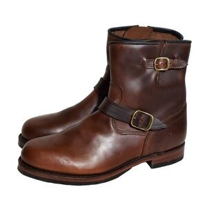 Frye Logan Engineer Boots, Brown Leather, Double Buckle, Inside Zip
